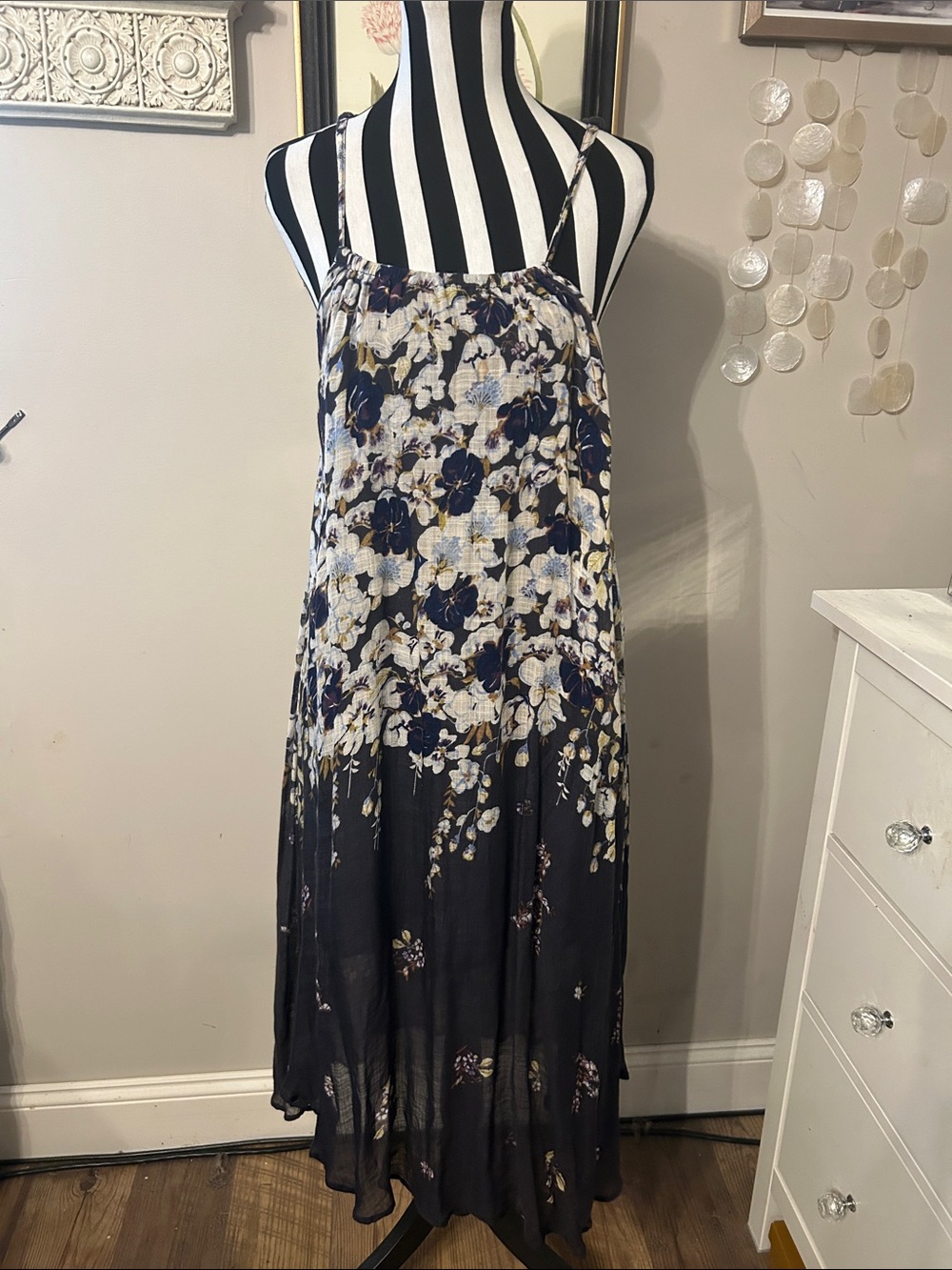 Anthropologie Floral Spaghetti-Strap Maxi Dress in Navy and Cream